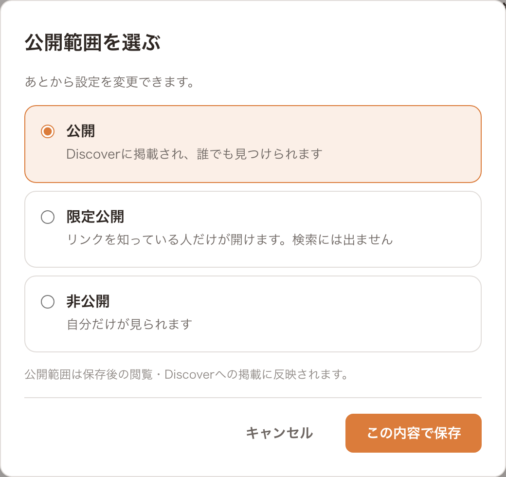 公開範囲を選ぶ画面。公開・限定公開・非公開の3つから選ぶ。